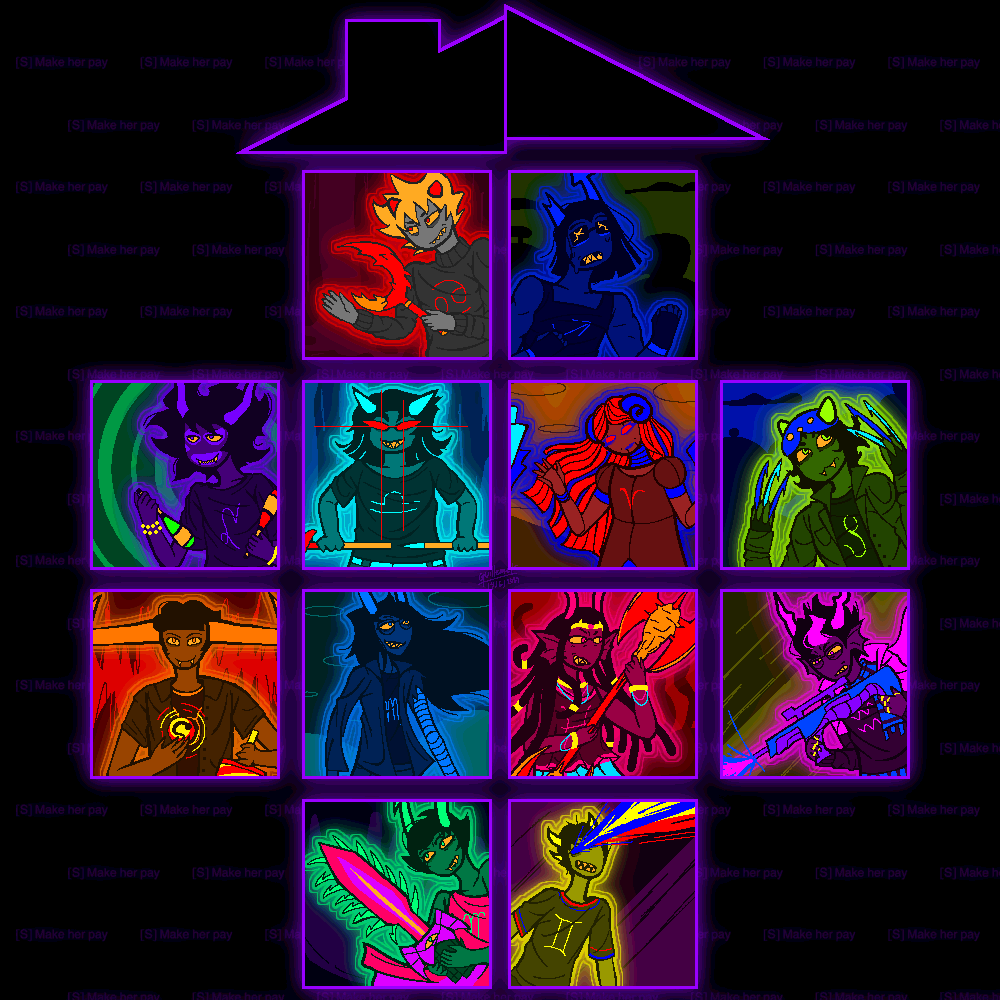 A drawing consisting of redrawn frames from the [S] Make her pay flash, all arranged in the squares of the Sgrub logo.